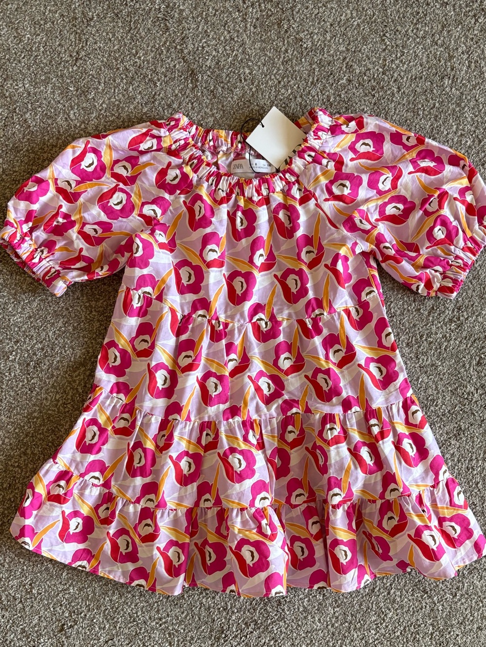 Zara Pink Multicolor Floral Puff-Sleeve Tiered Dress